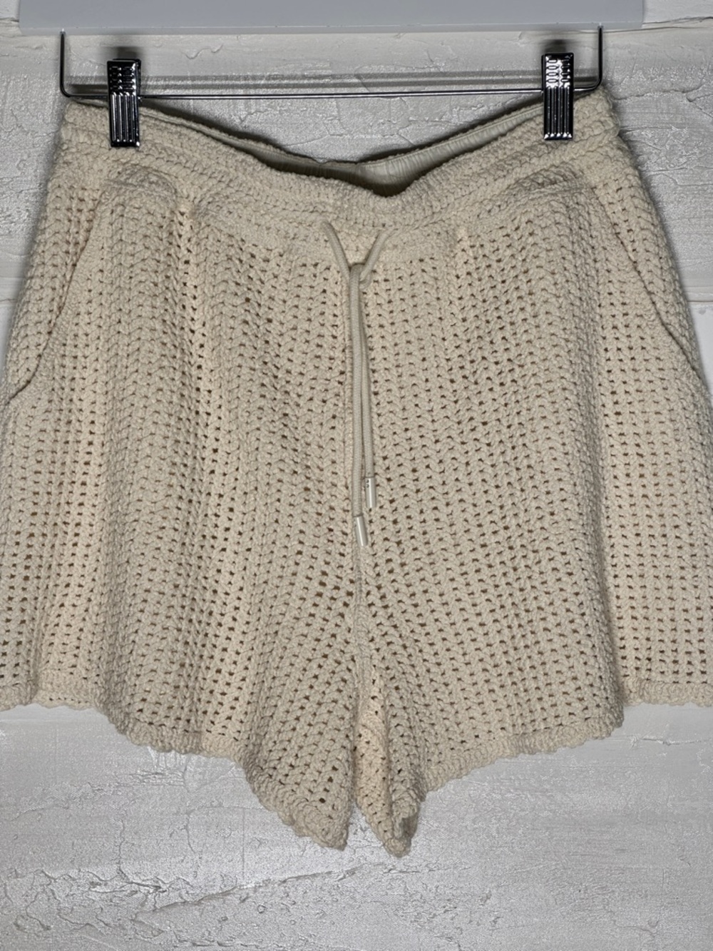 New w tags. Skies are blue shorts. Crochet style lined oatmeal natural